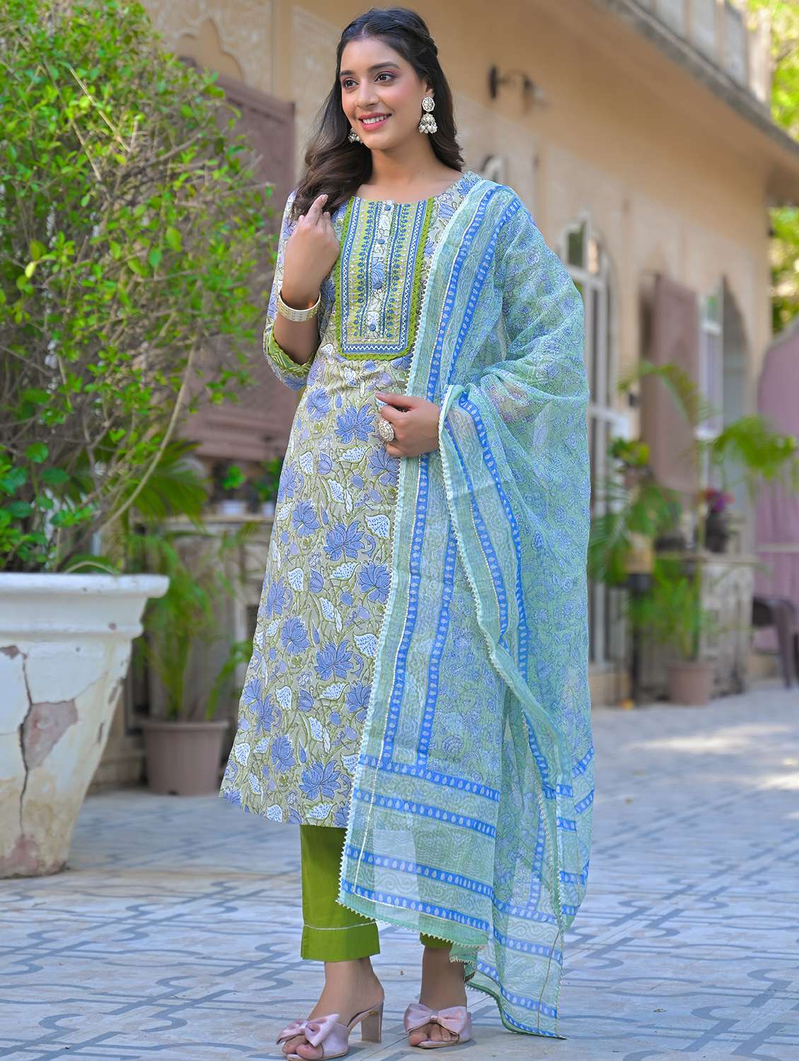 women embroidered three quarter sleeve kurta pant with dupatta set - 22093281 -  Zoom Image - 0