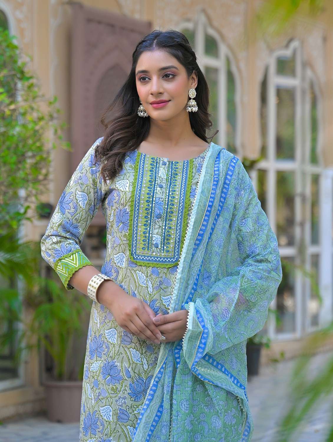 women embroidered three quarter sleeve kurta pant with dupatta set - 22093281 - Standard Image - 5