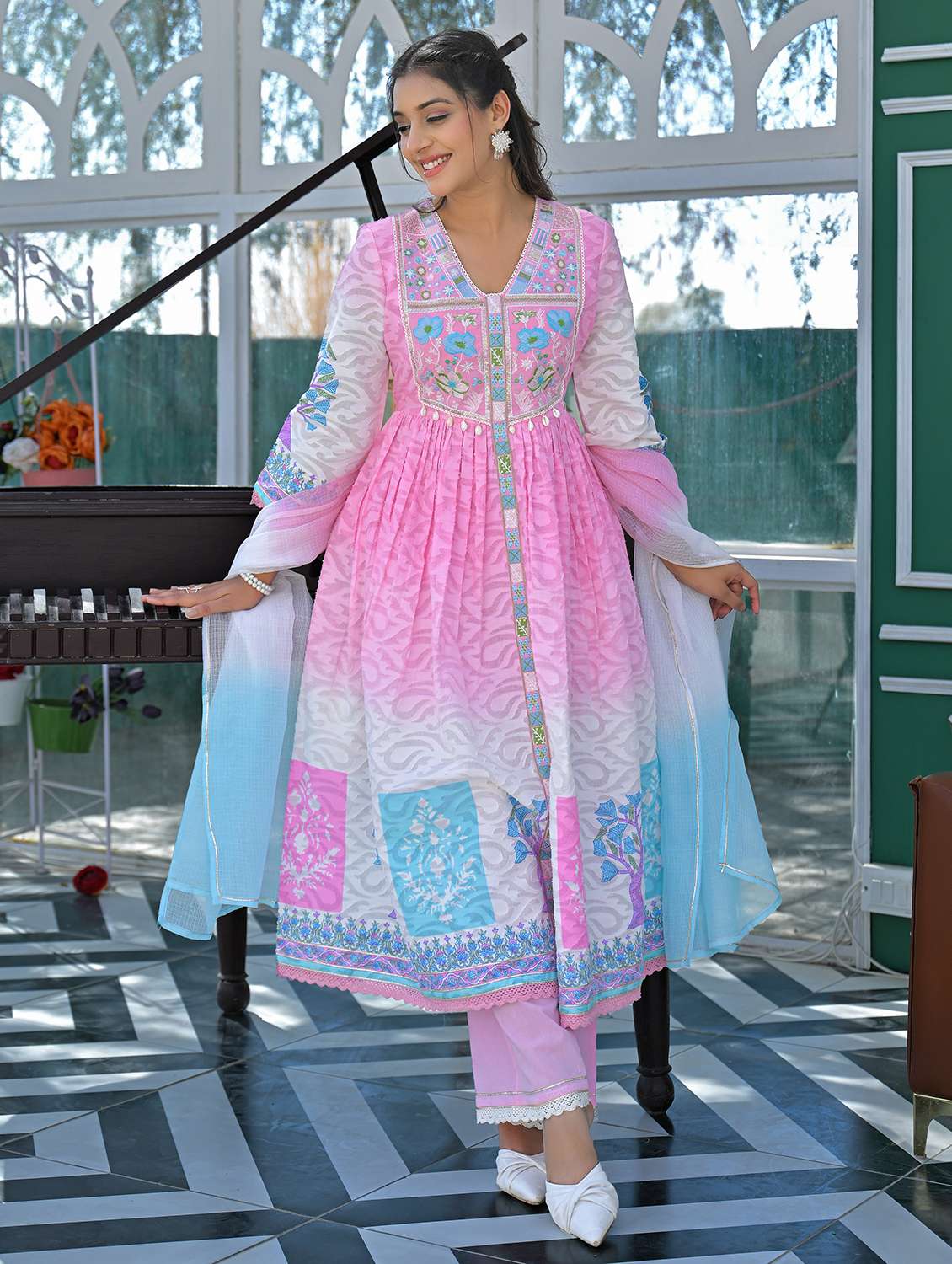 women embroidered three quarter sleeve kurta pant with dupatta set - 22093282 -  Zoom Image - 0
