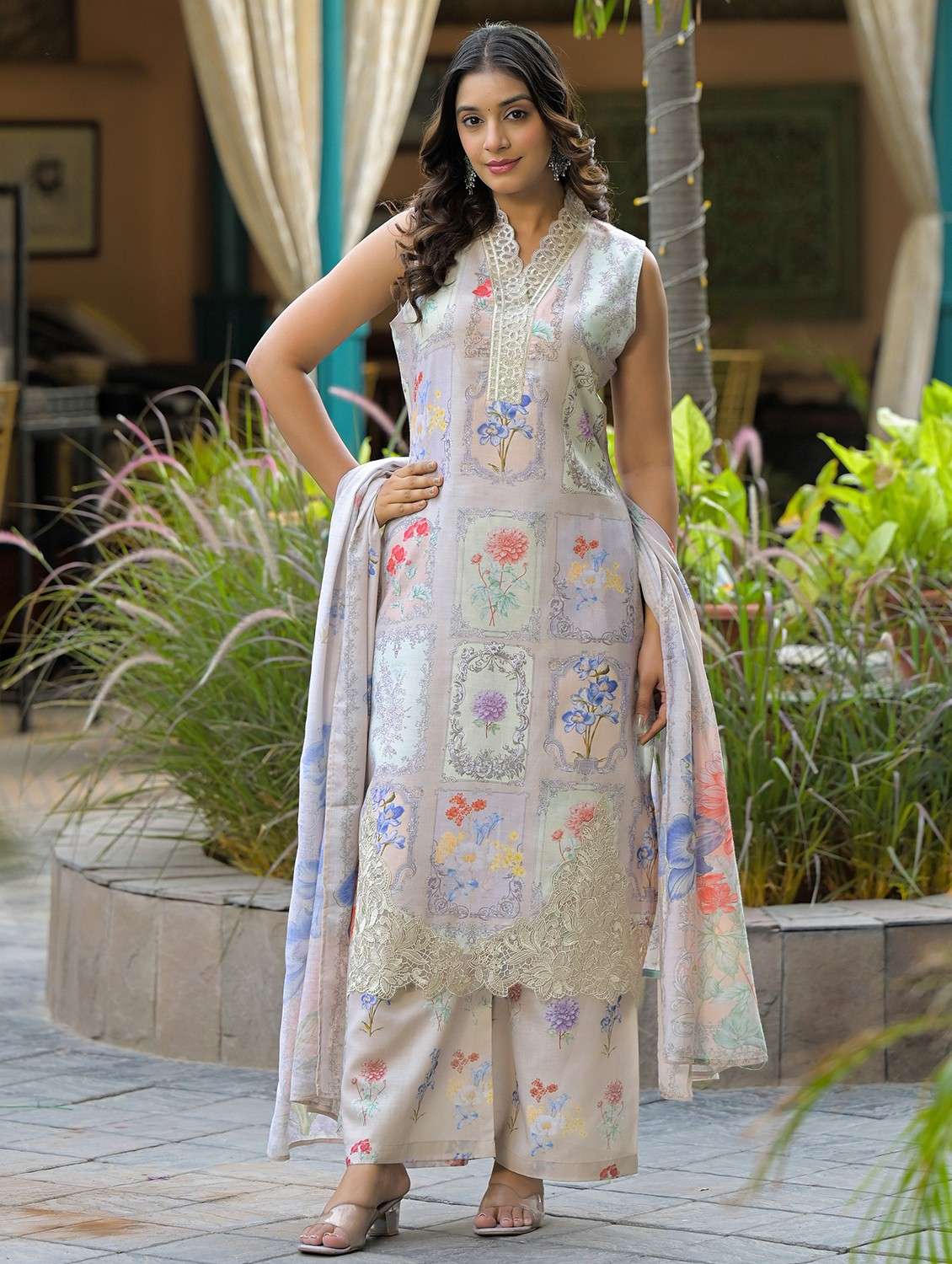 women floral printed sleeveless kurta palazzo with dupatta set - 22093289 - Standard Image - 3