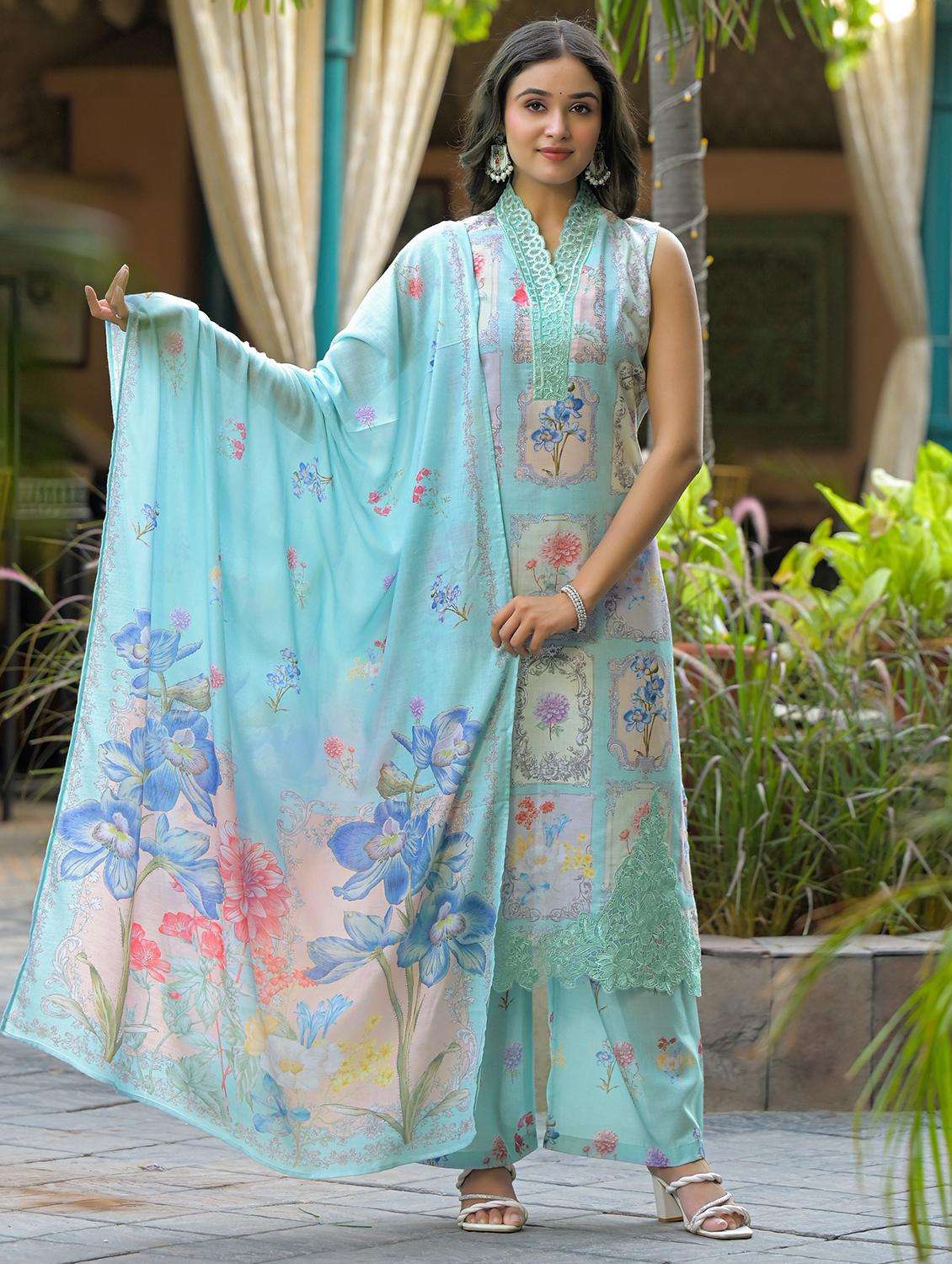 women floral printed sleeveless kurta palazzo with dupatta set