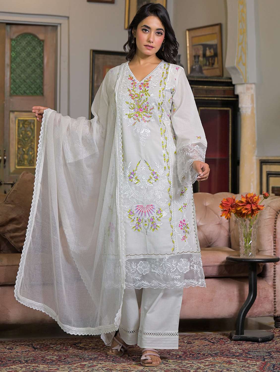 women embroidered long sleeve kurta pant with dupatta set - 22093294 -  Zoom Image - 0