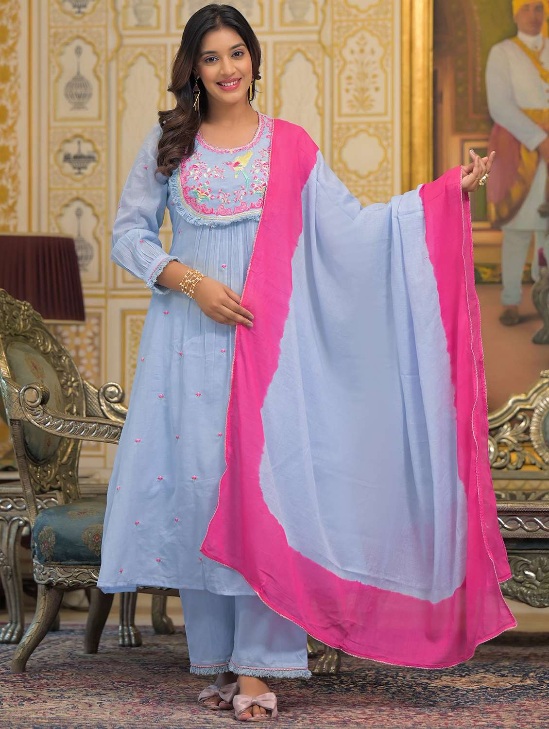 women embroidered long sleeve kurta pant with dupatta set - 22093295 - Zoom Image - 0