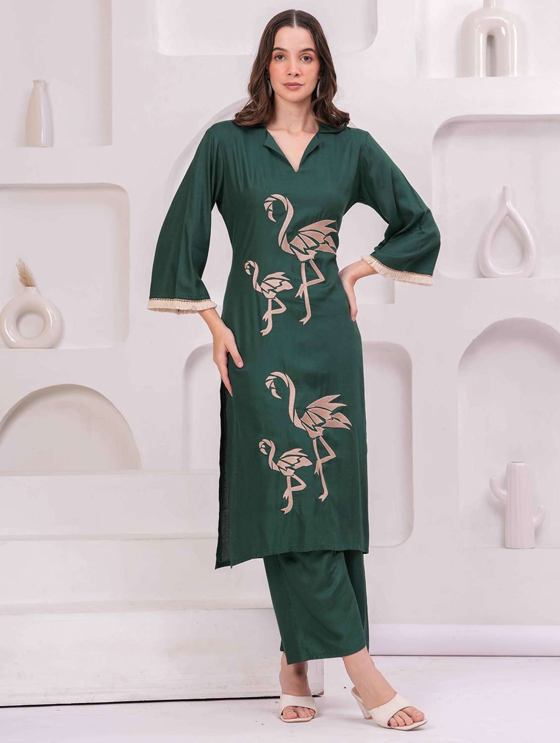 women embroidered bell sleeve kurta and palazzo set - 22093313 -  Zoom Image - 0