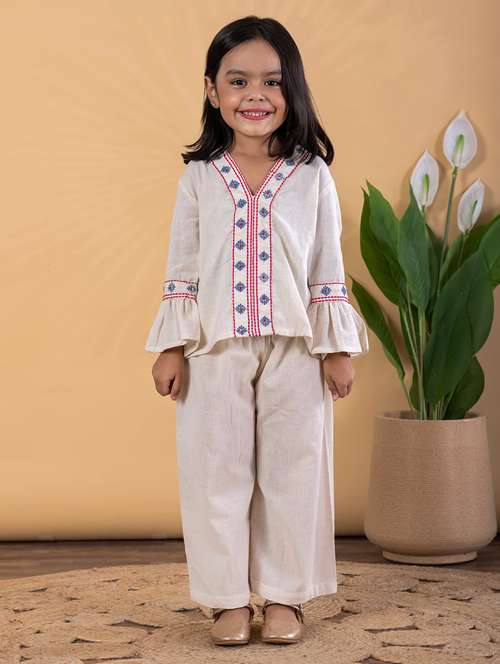 girls embroidered bell sleeve top & palazzo co-ords set