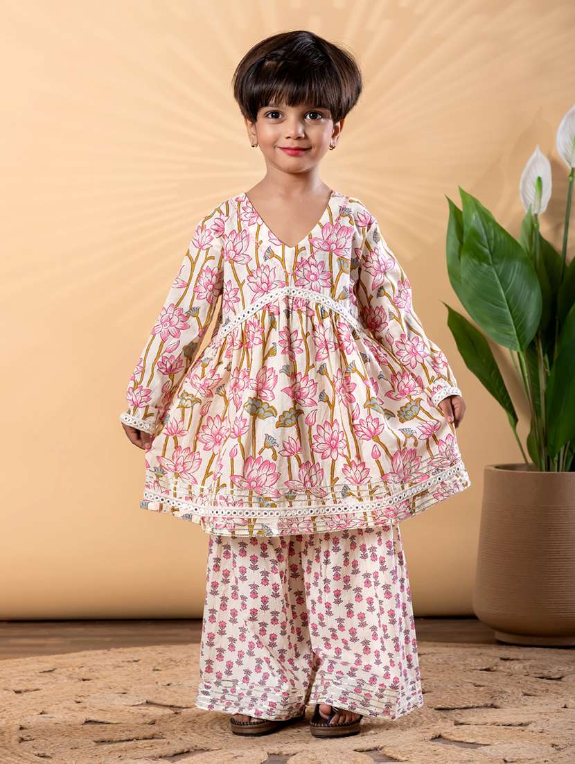 girls floral print long sleeve kurta and sharara set 