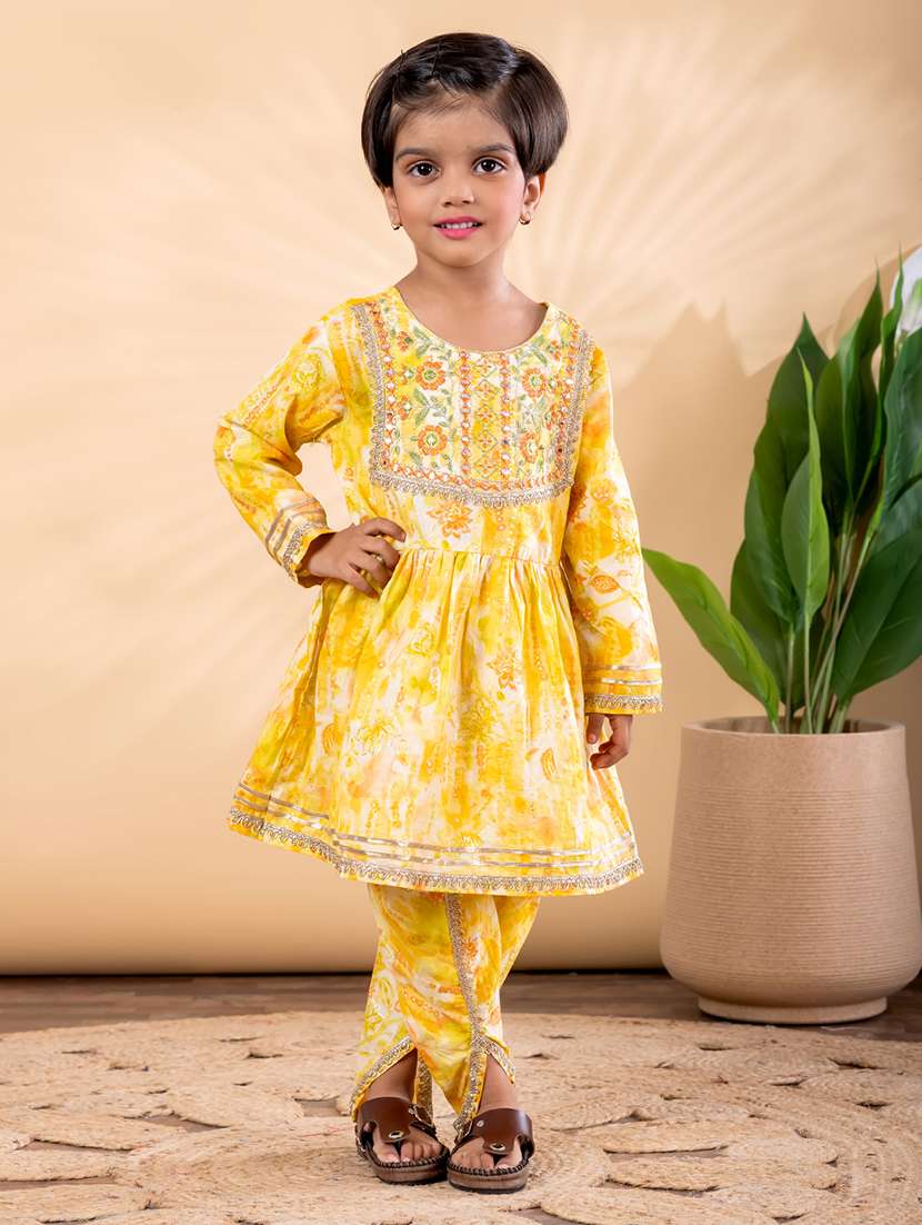 girls printed long sleeve kurta and dhoti set 