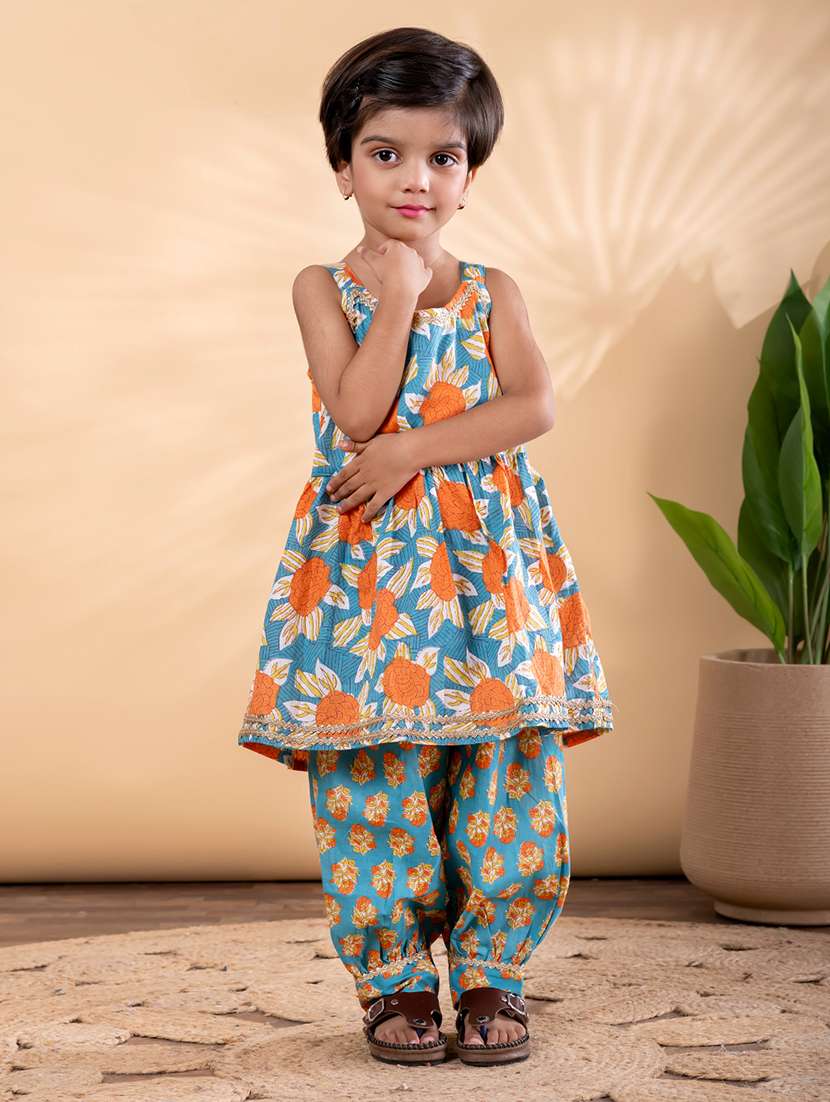 girls floral print shoulder strap kurta and salwar set