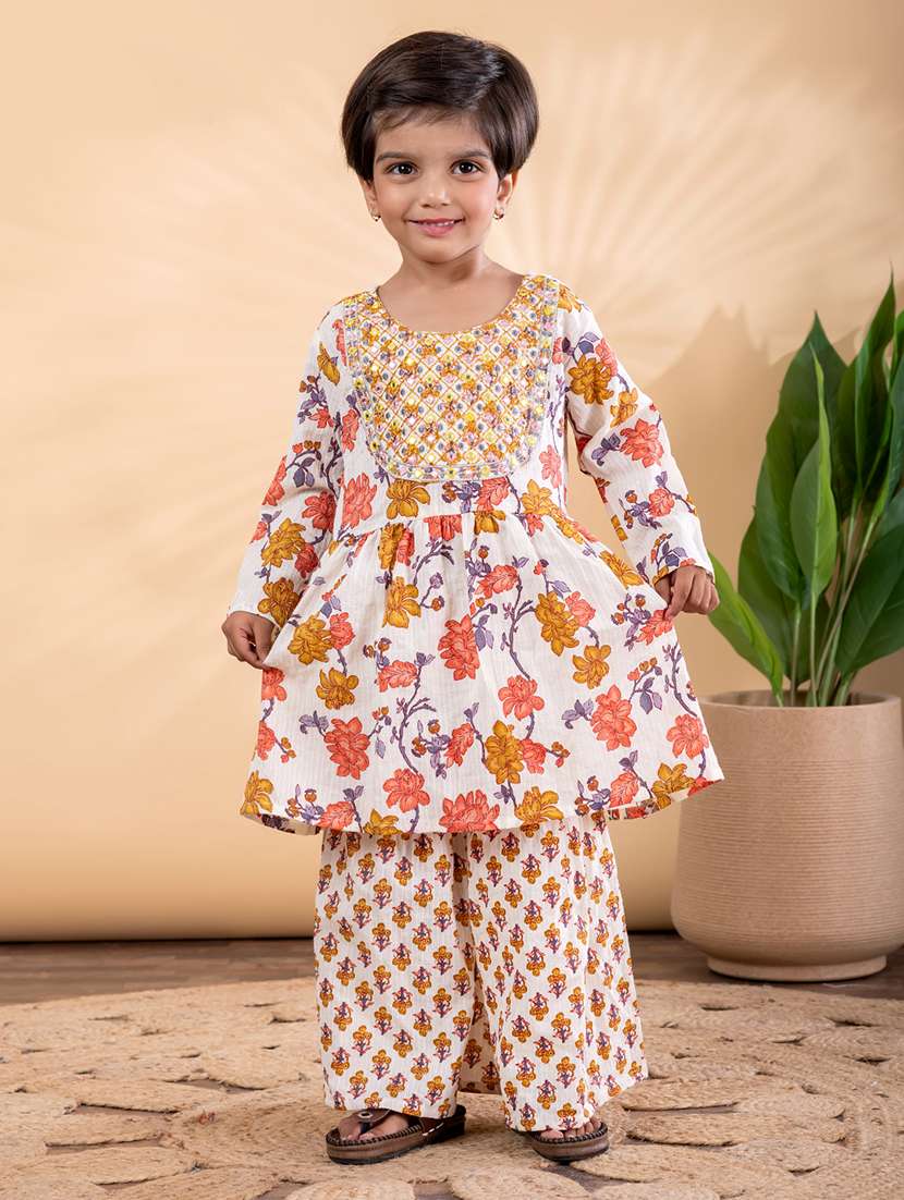 girls printed long sleeve kurta and sharara set 