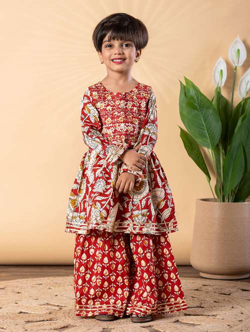 girls printed long sleeve kurta and sharara set 
