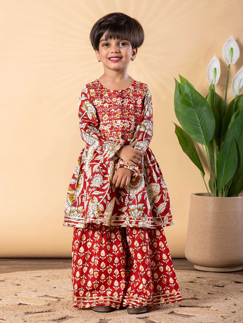 girls printed long sleeve kurta and sharara set 