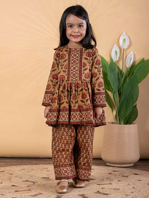 girls printed long sleeve kurta and palazzo set 