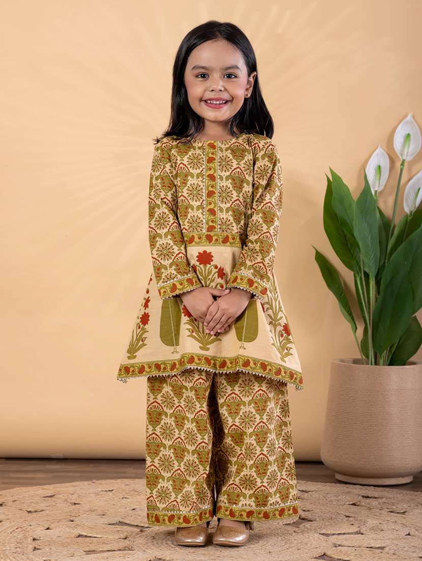 girls printed long sleeve kurta and palazzo set 