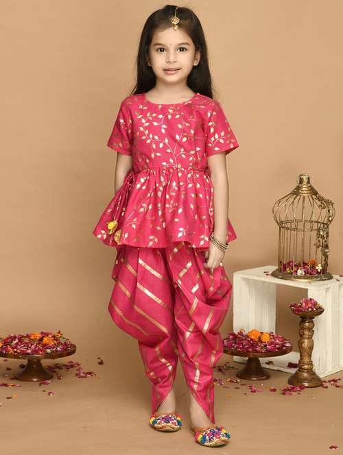 girls foil print short sleeve kurta and dhoti set - 22093378 -  Standard Image - 0