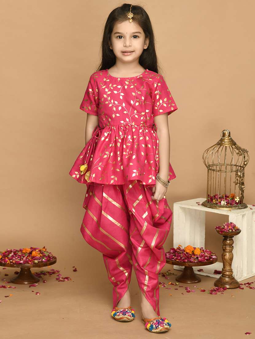 girls foil print short sleeve kurta and dhoti set - 22093378 -  Zoom Image - 0