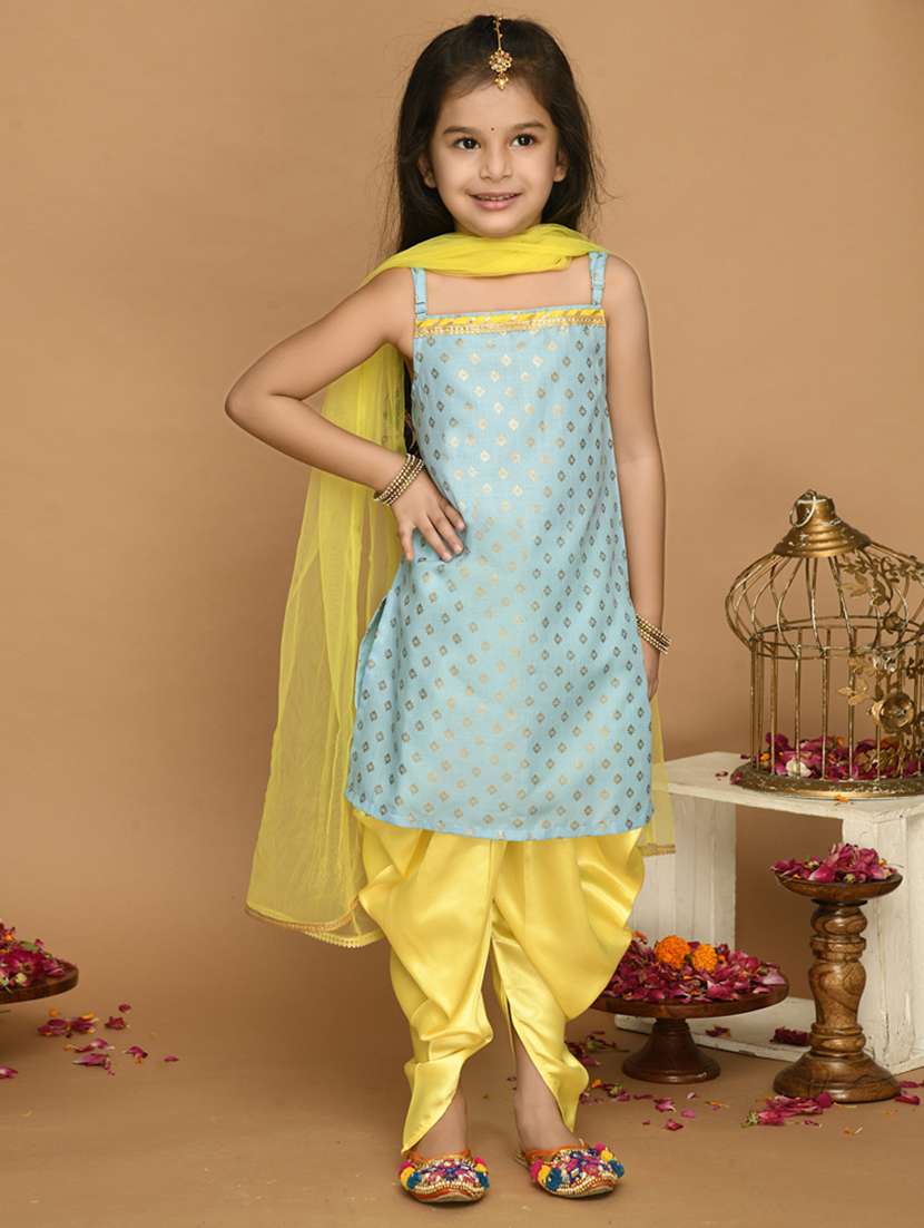 girls foil print dhoti and kurta with dupatta set