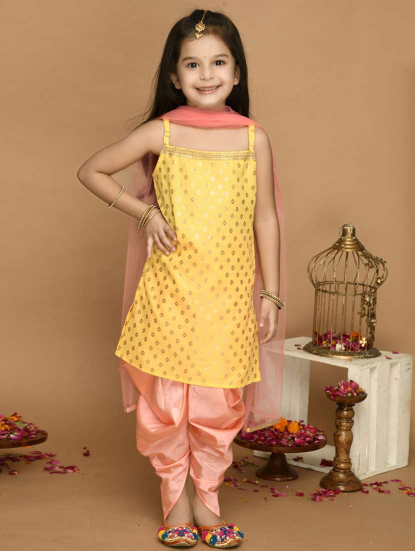 girls foil print dhoti kurta set with dupatta