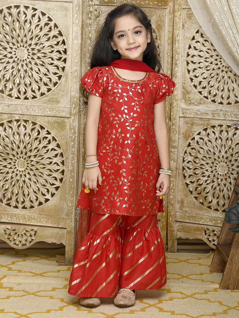 girls foil print kurta and sharara set  with dupatta