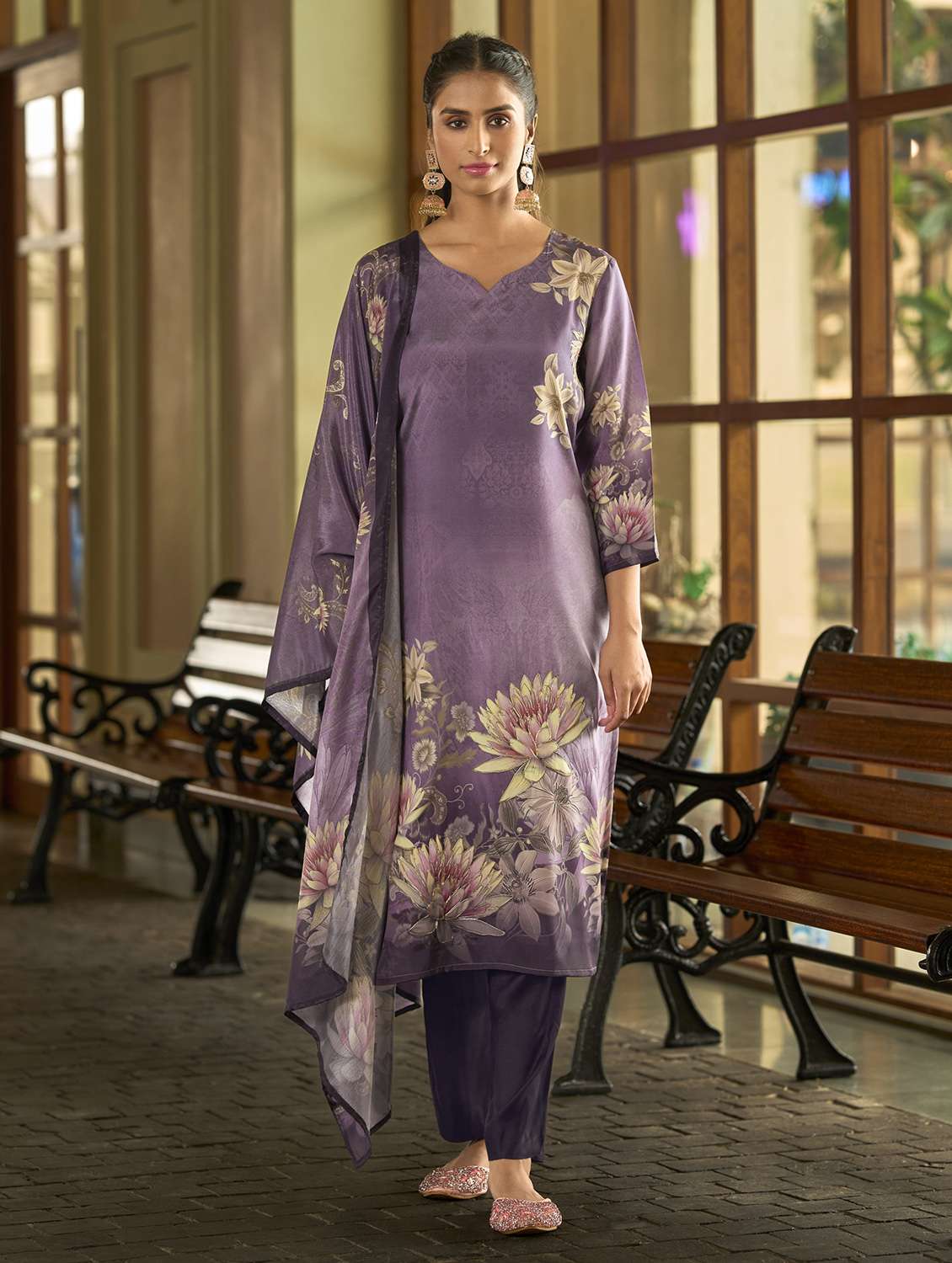 women floral three quarter sleeve kurta pant with dupatta set - 22093578 -  Zoom Image - 0