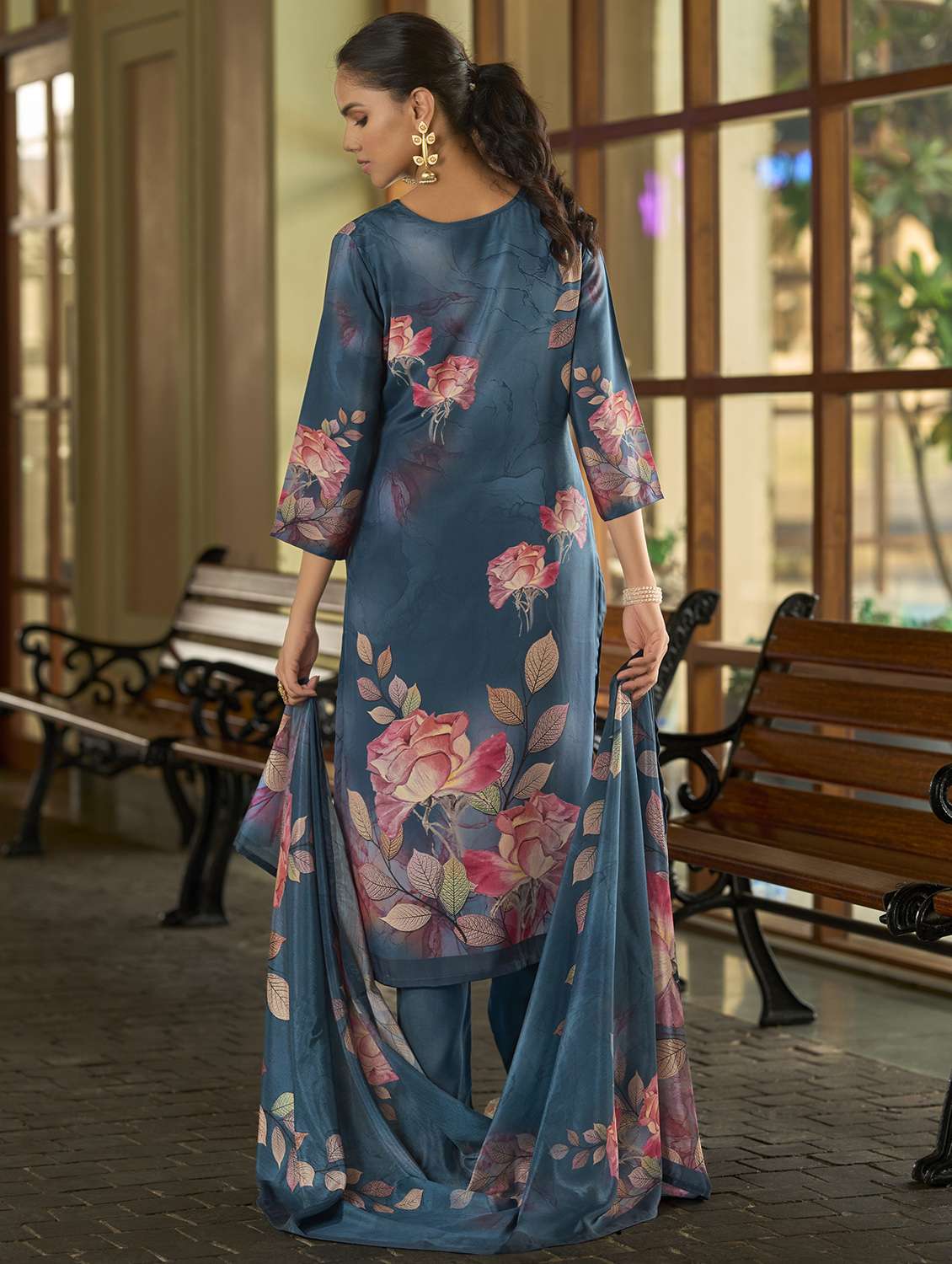 women floral three quarter sleeve kurta pant with dupatta set - 22093582 -  Standard Image - 3