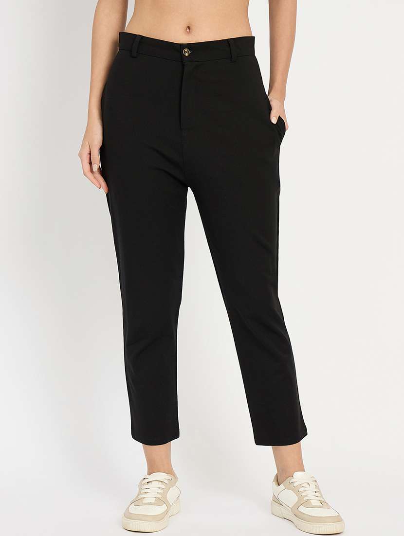 women solid mid rise tailored pant