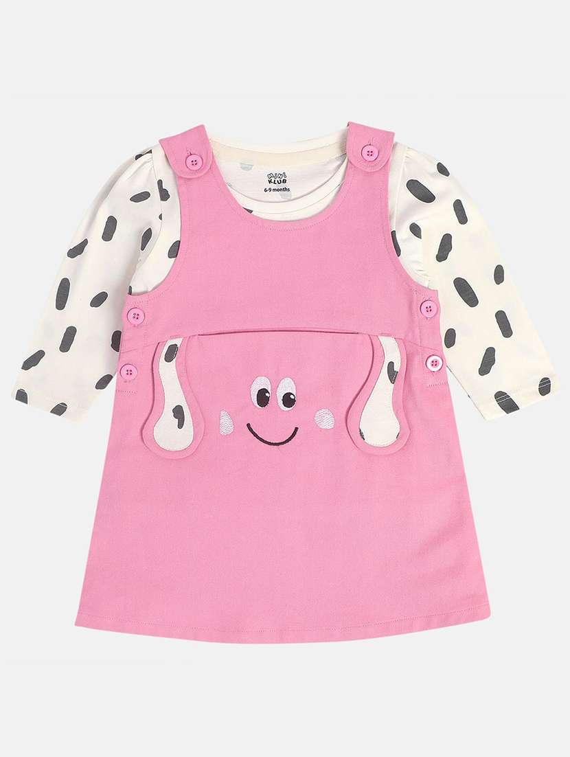 girls printed long sleeve dungree dress with t-shirt