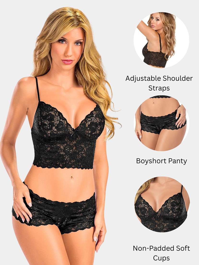 women solid laec bralette and boy shorts set - 22093888 -  Standard Image - 3