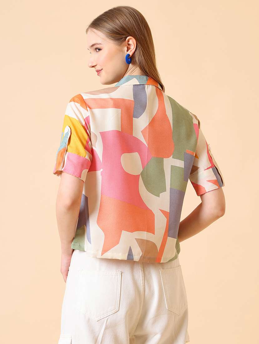 women printed roll-up sleeve crop shirt - 22094013 -  Standard Image - 3