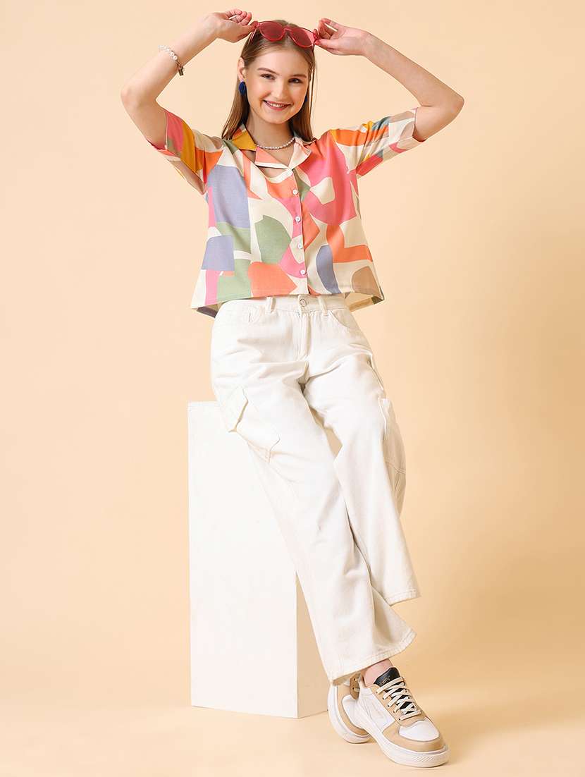 women printed roll-up sleeve crop shirt - 22094013 -  Standard Image - 5
