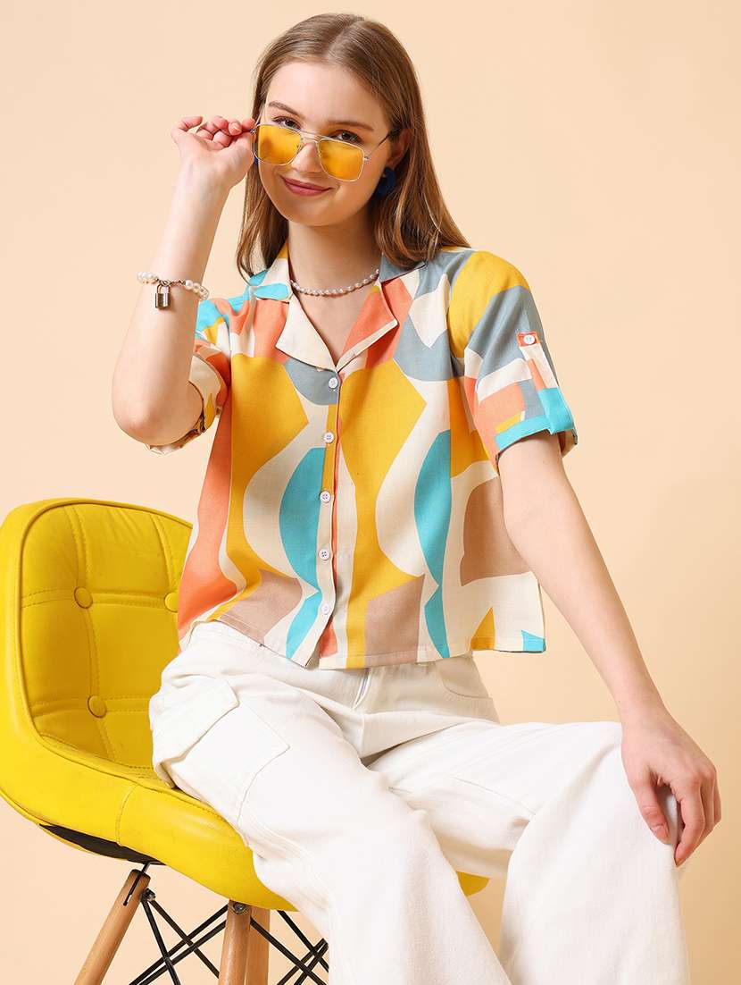 women printed roll-up sleeve crop shirt