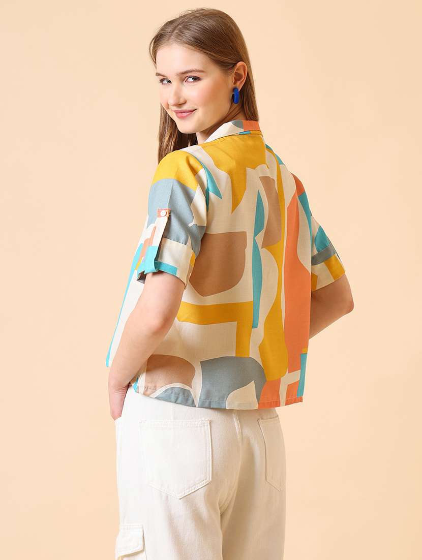 women printed roll-up sleeve crop shirt - 22094015 -  Standard Image - 3