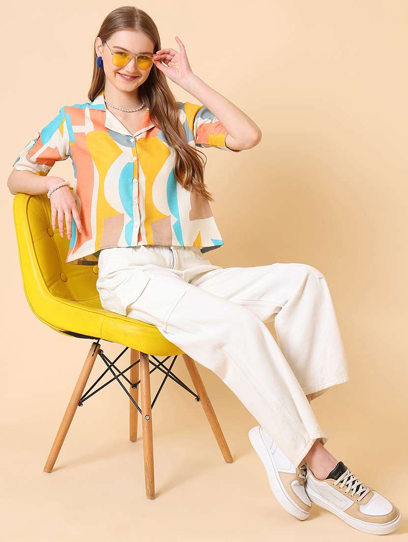 women printed roll-up sleeve crop shirt - 22094015 -  Standard Image - 5