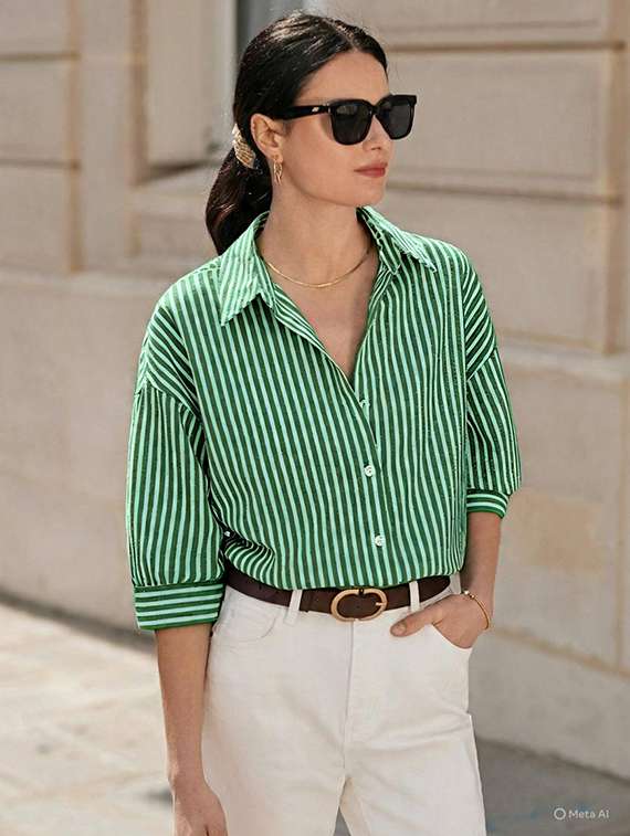 women striped collared long sleeve shirt