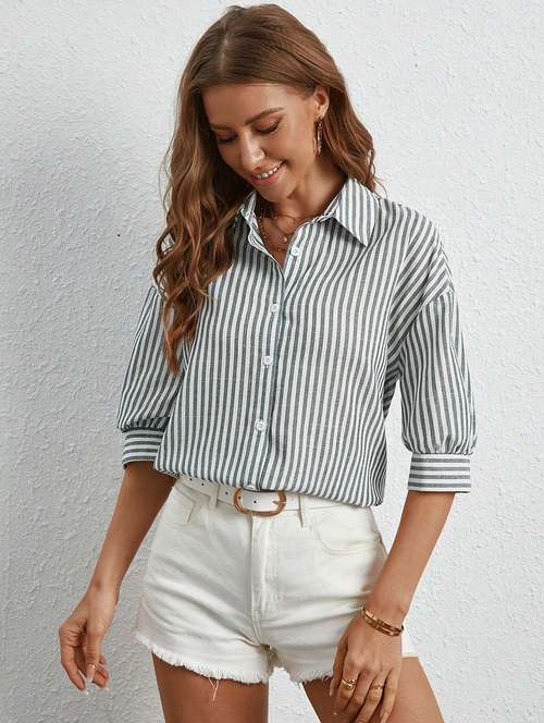 women striped collared long sleeve shirt - 22094025 -  Standard Image - 0