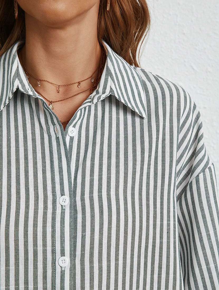 women striped collared long sleeve shirt - 22094025 -  Standard Image - 5