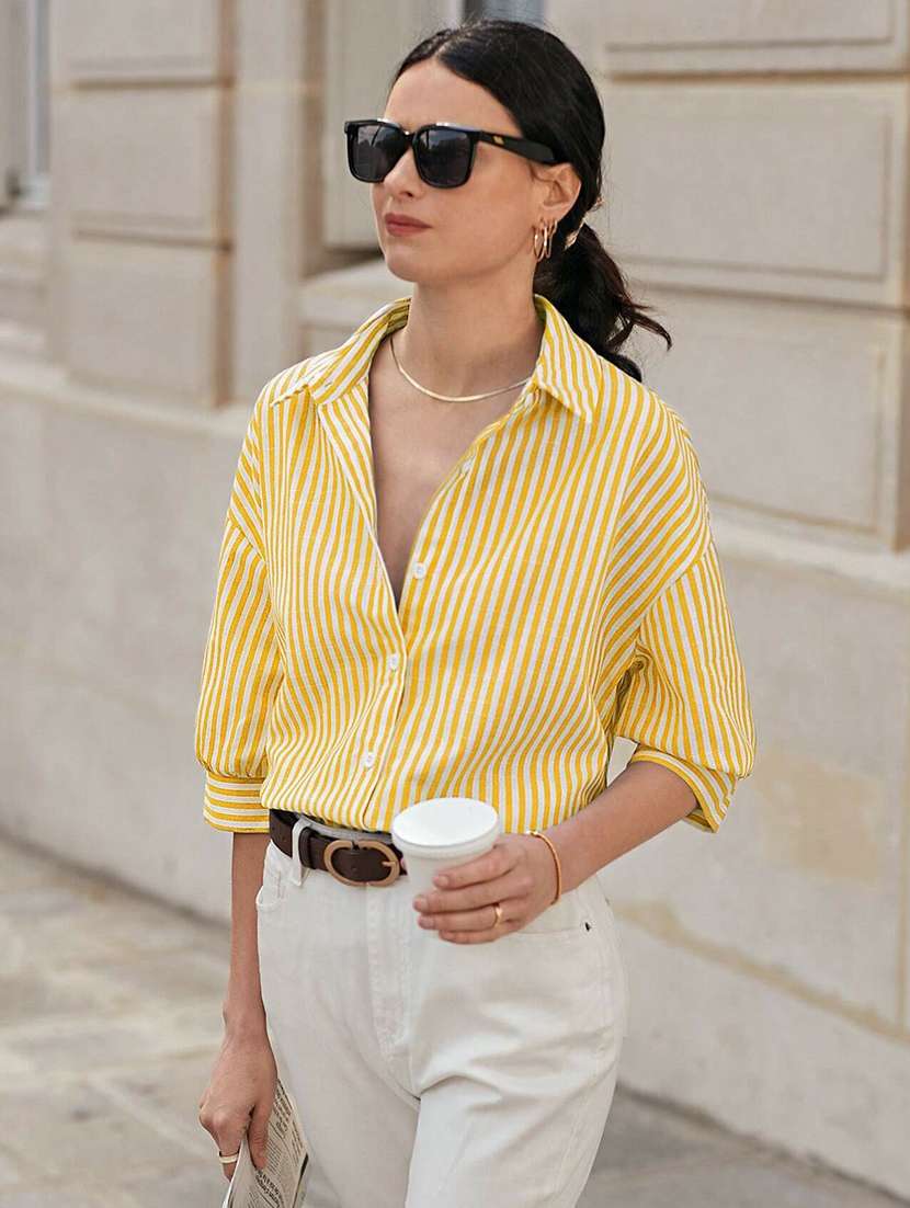 women striped collared long sleeve shirt