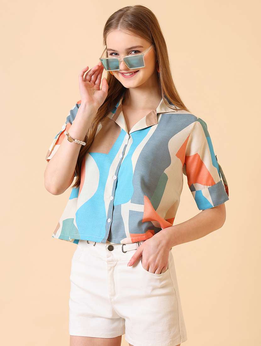 women printed roll-up sleeve crop shirt - 22094059 -  Zoom Image - 0