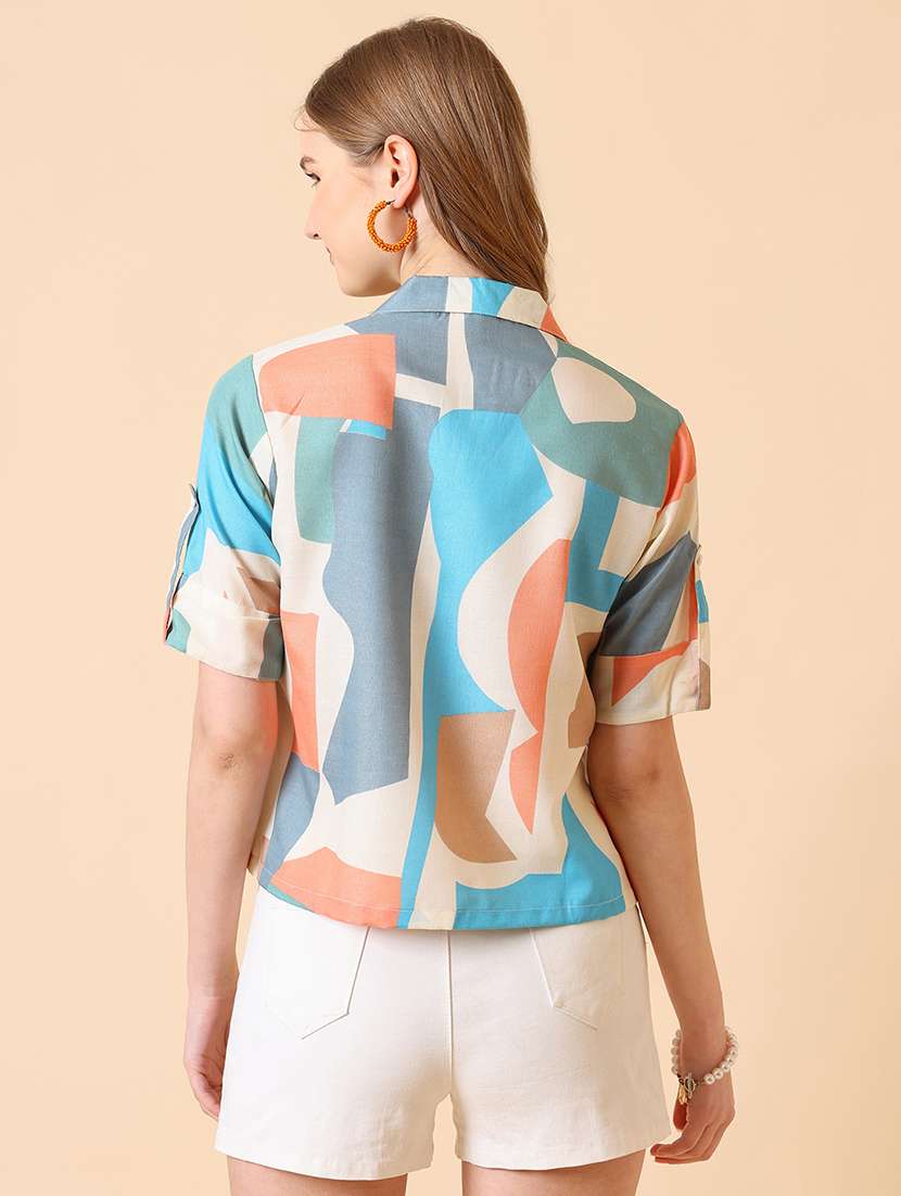 women printed roll-up sleeve crop shirt - 22094059 -  Standard Image - 3