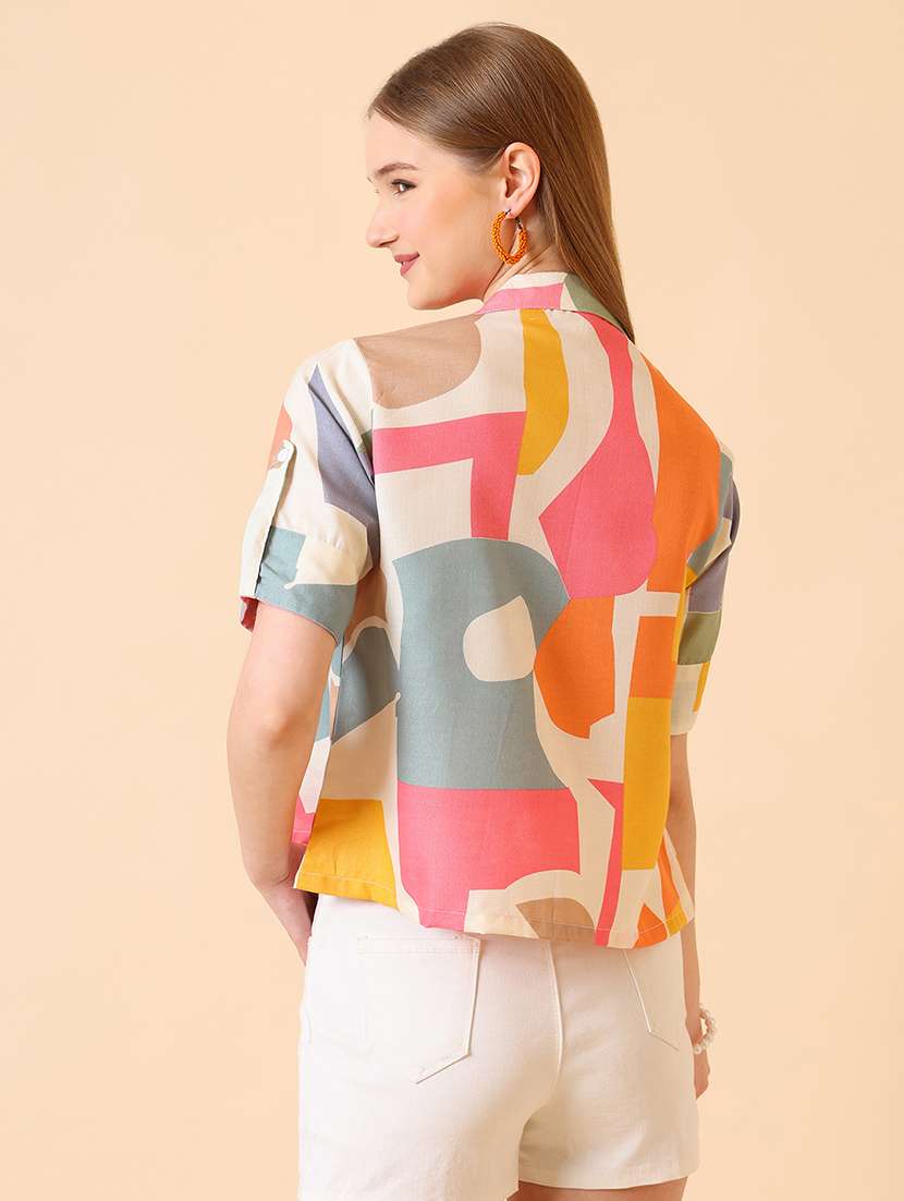 women printed roll-up sleeve crop shirt - 22094061 -  Standard Image - 3