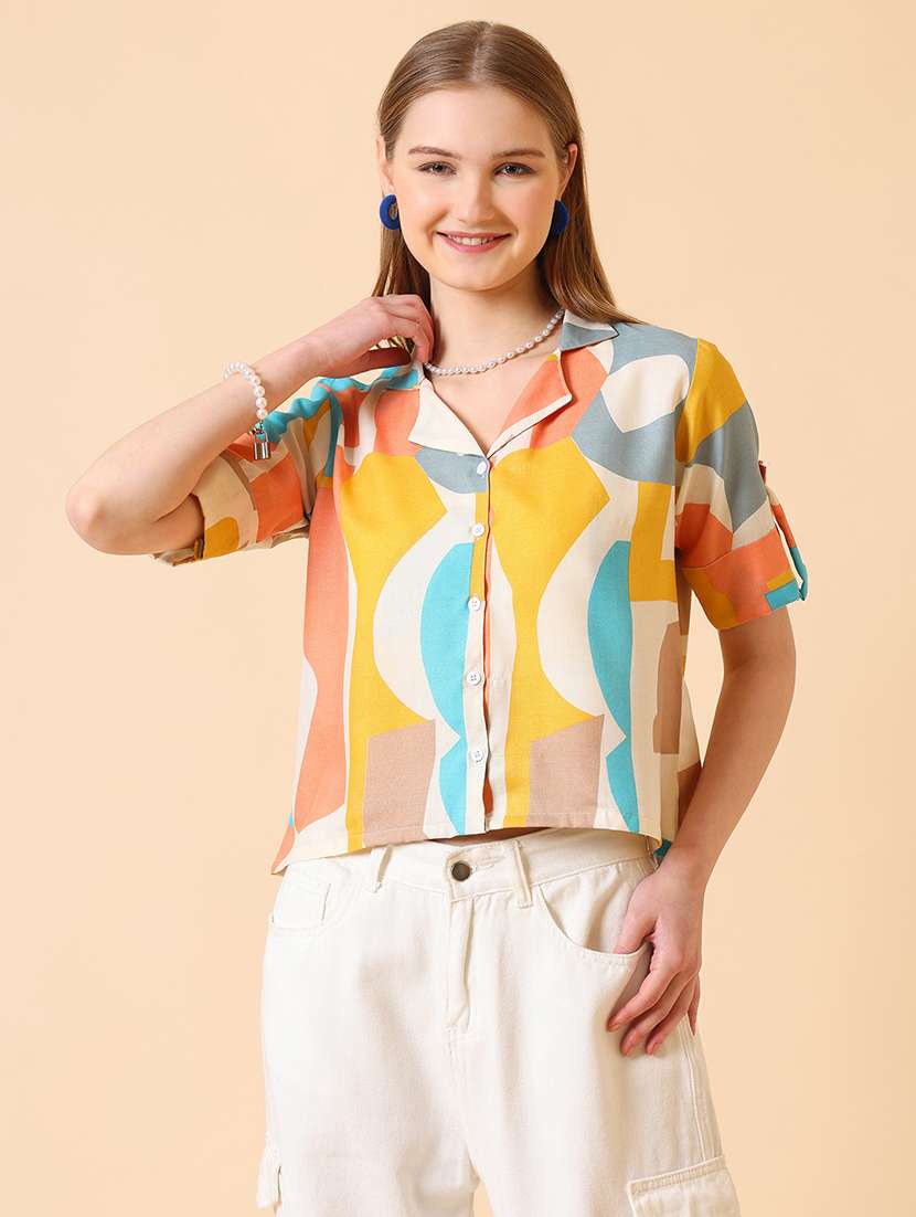women printed roll-up sleeve crop shirt