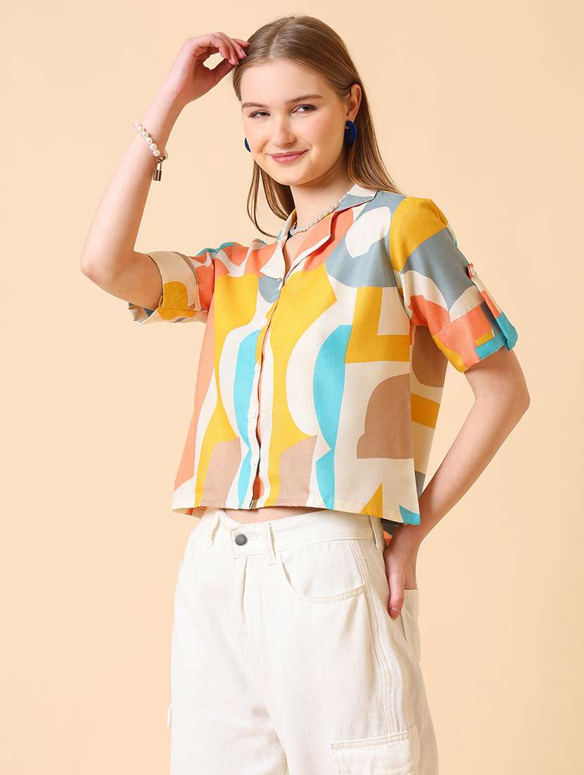women printed roll-up sleeve crop shirt - 22094062 -  Standard Image - 3