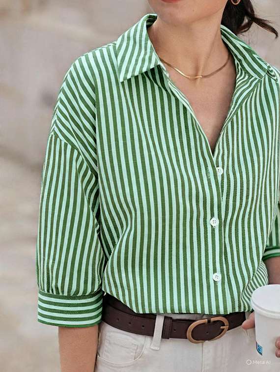 women striped collared long sleeve shirt - 22094071 -  Standard Image - 3