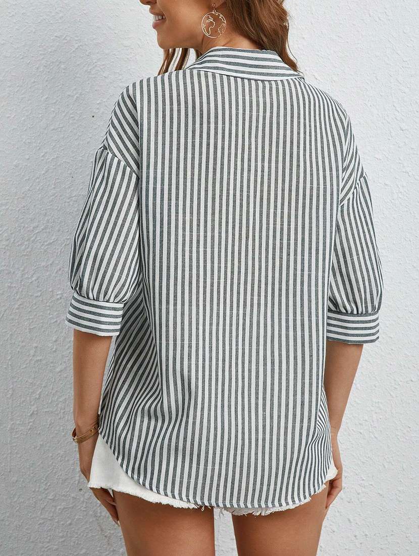 women striped collared long sleeve shirt - 22094072 -  Standard Image - 3