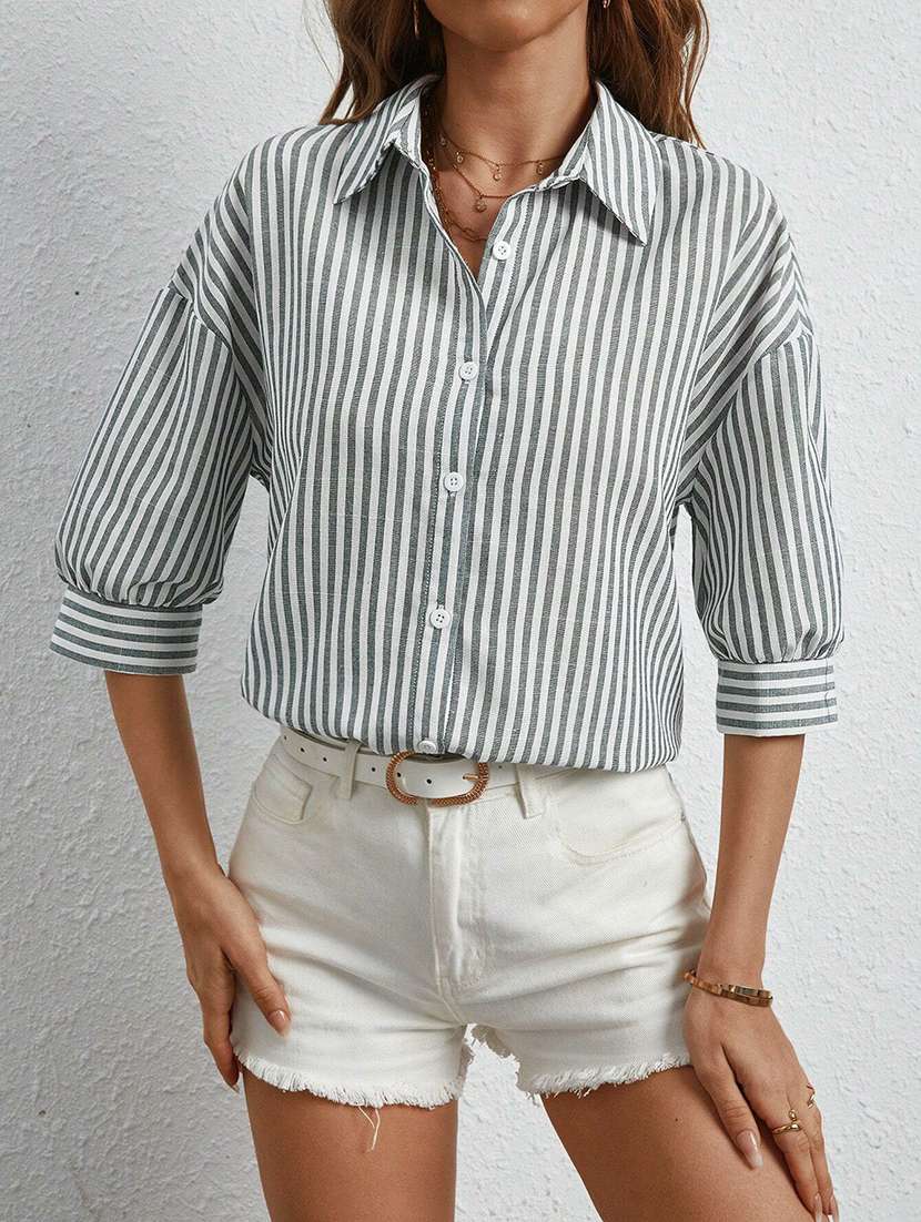women striped collared long sleeve shirt - 22094072 -  Standard Image - 5