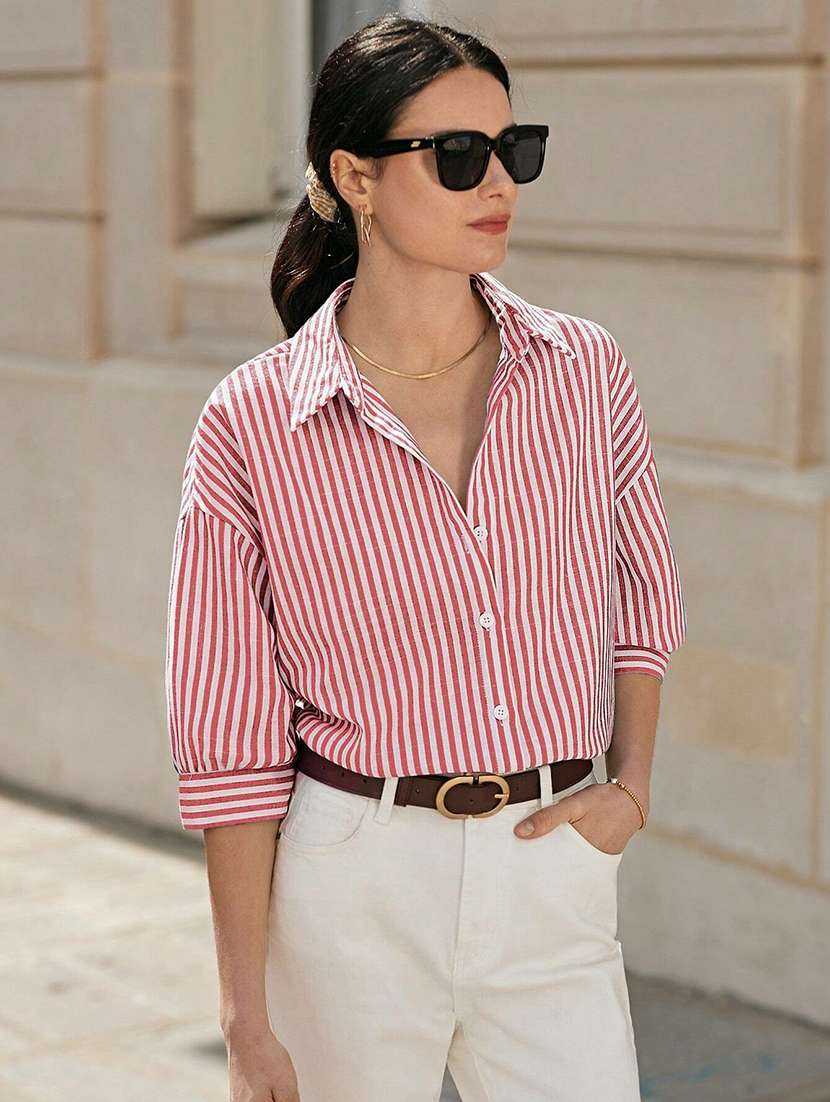 women striped collared long sleeve shirt
