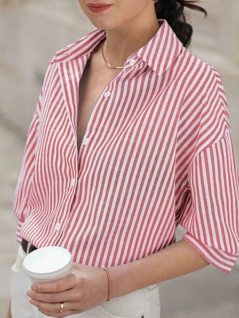 women striped collared long sleeve shirt - 22094073 -  Standard Image - 3