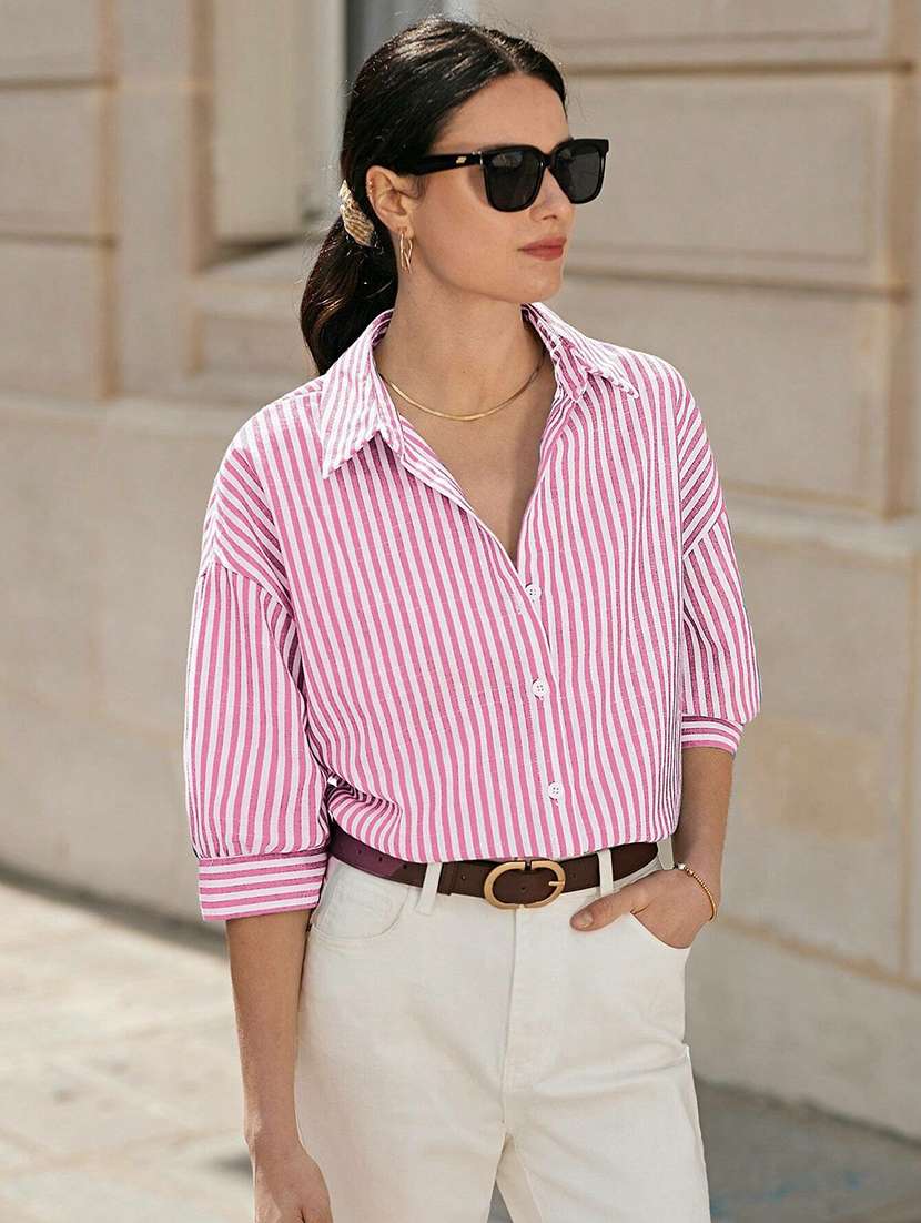 women striped collared long sleeve shirt