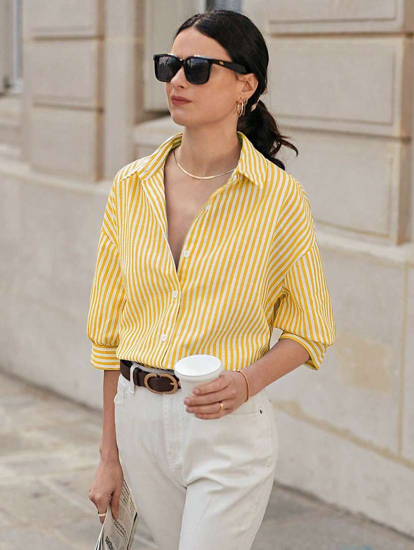 women striped collared long sleeve shirt