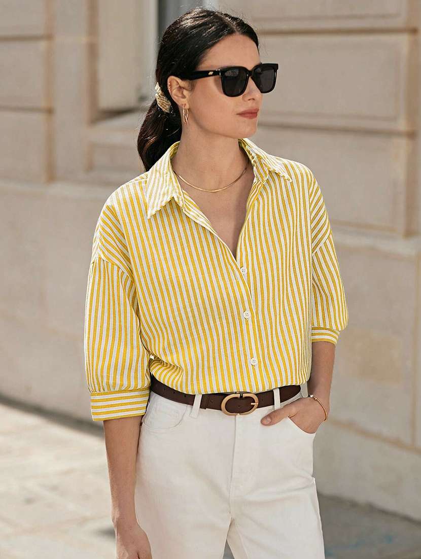women striped collared long sleeve shirt - 22094075 -  Standard Image - 3