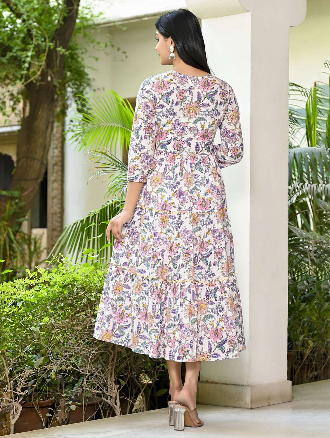 women floral three quarter sleeve tiered ethnic dress - 22094127 -  Standard Image - 3